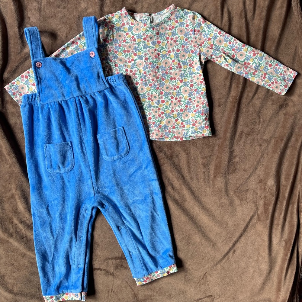 Lovely blue Baby Boden romper/overall set with floral shirt